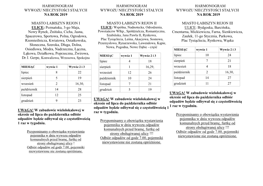 Harmonogram Wywozu Nieczystości Stałych Na