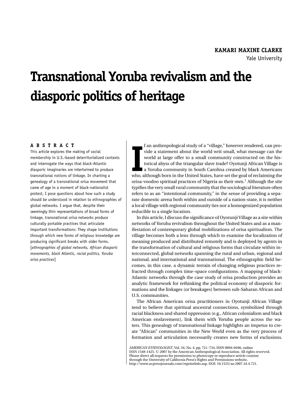 Transnational Yoruba Revivalism and the Diasporic Politics of Heritage