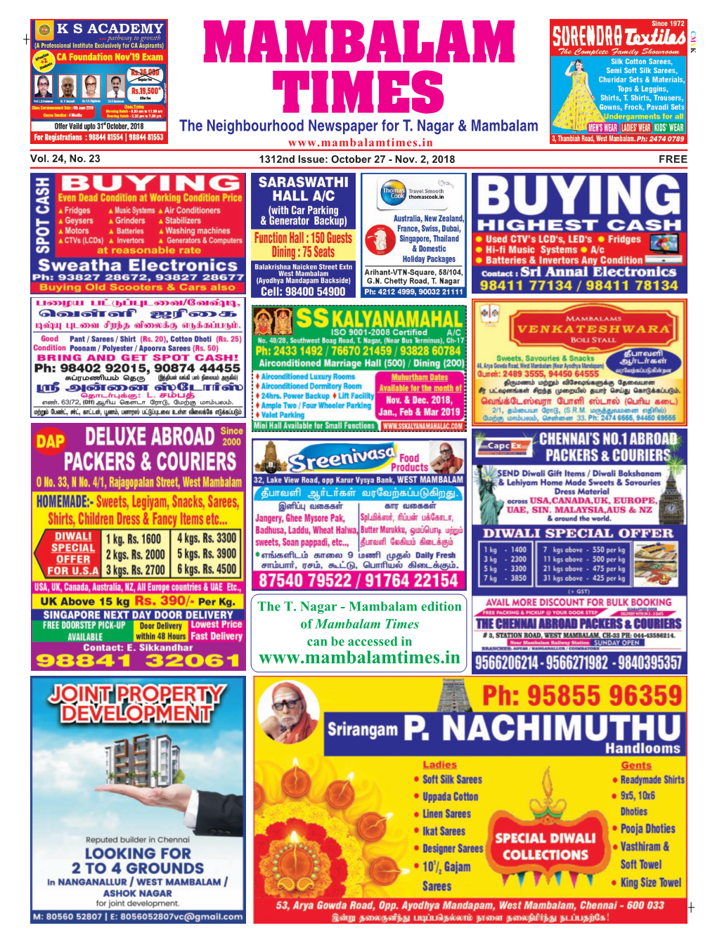 Mambalam Times Can Be Accessed in Page 2 MAMBALAM TIMES Oct