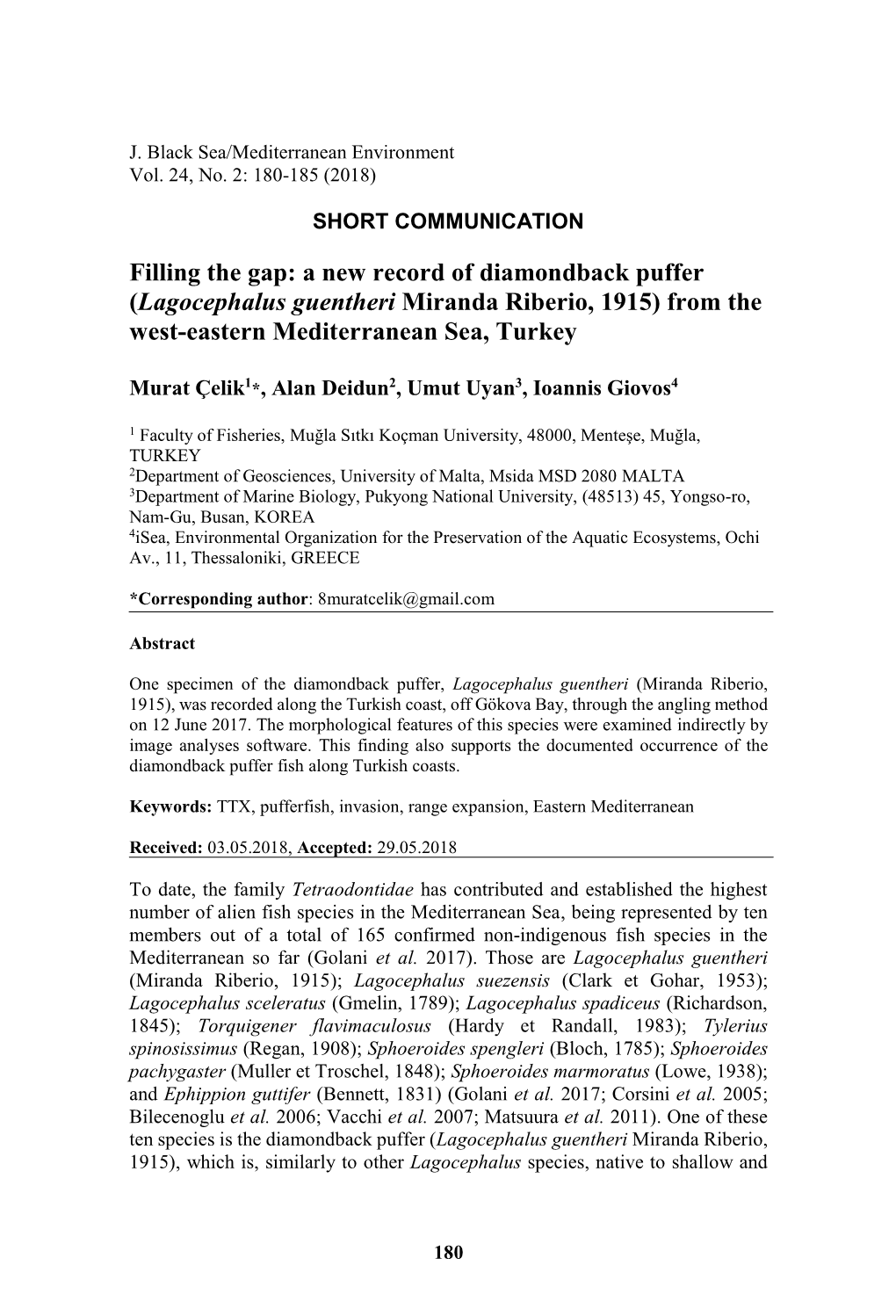 Filling the Gap: a New Record of Diamondback Puffer (Lagocephalus Guentheri Miranda Riberio, 1915) from the West-Eastern Mediterranean Sea, Turkey