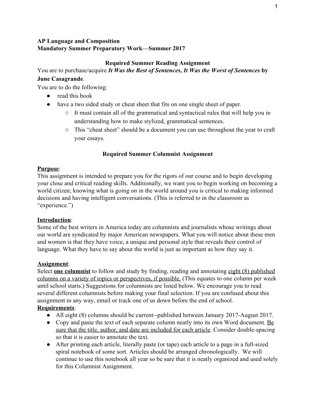 AP Language and Composition Mandatory Summer Preparatory Work—Summer 2017