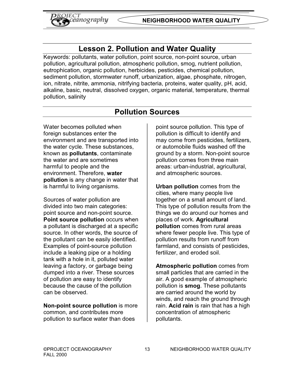 Lesson 2. Pollution and Water Quality Pollution Sources