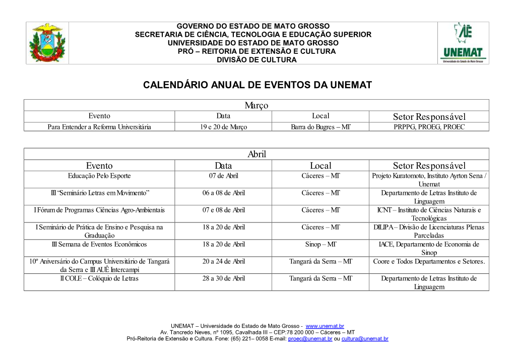 Calendário Anual De Eventos Da Unemat