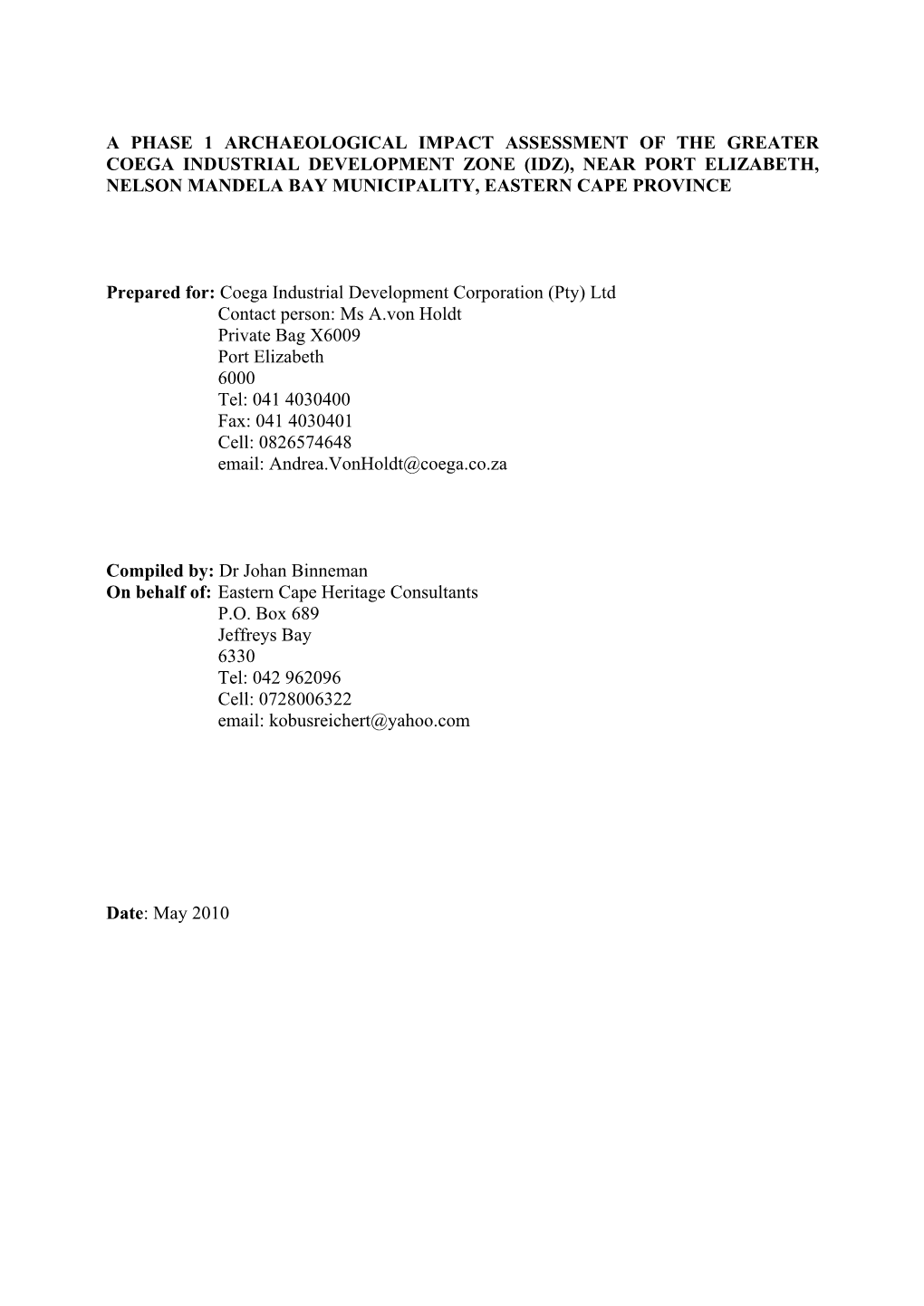 A Phase 1 Archaeological Heritage Impact Assessment