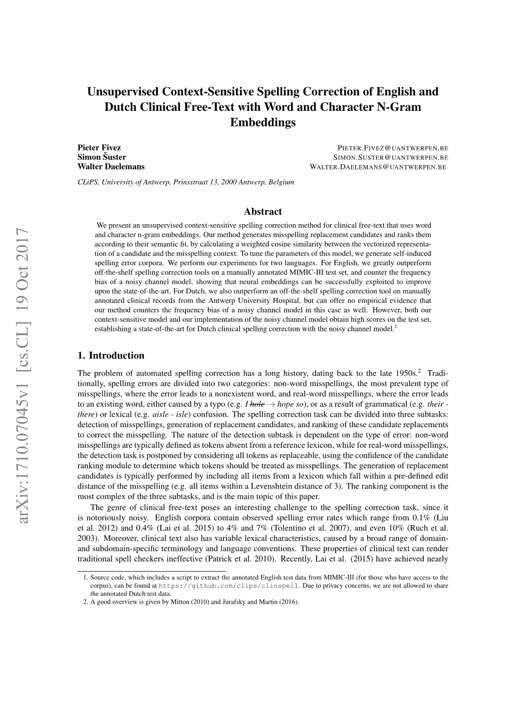 Unsupervised Context-Sensitive Spelling Correction of English and Dutch Clinical Free-Text with Word and Character N-Gram Embeddings