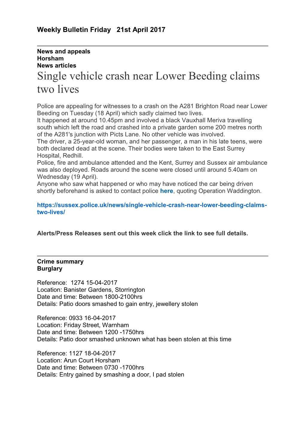 Single Vehicle Crash Near Lower Beeding Claims Two Lives