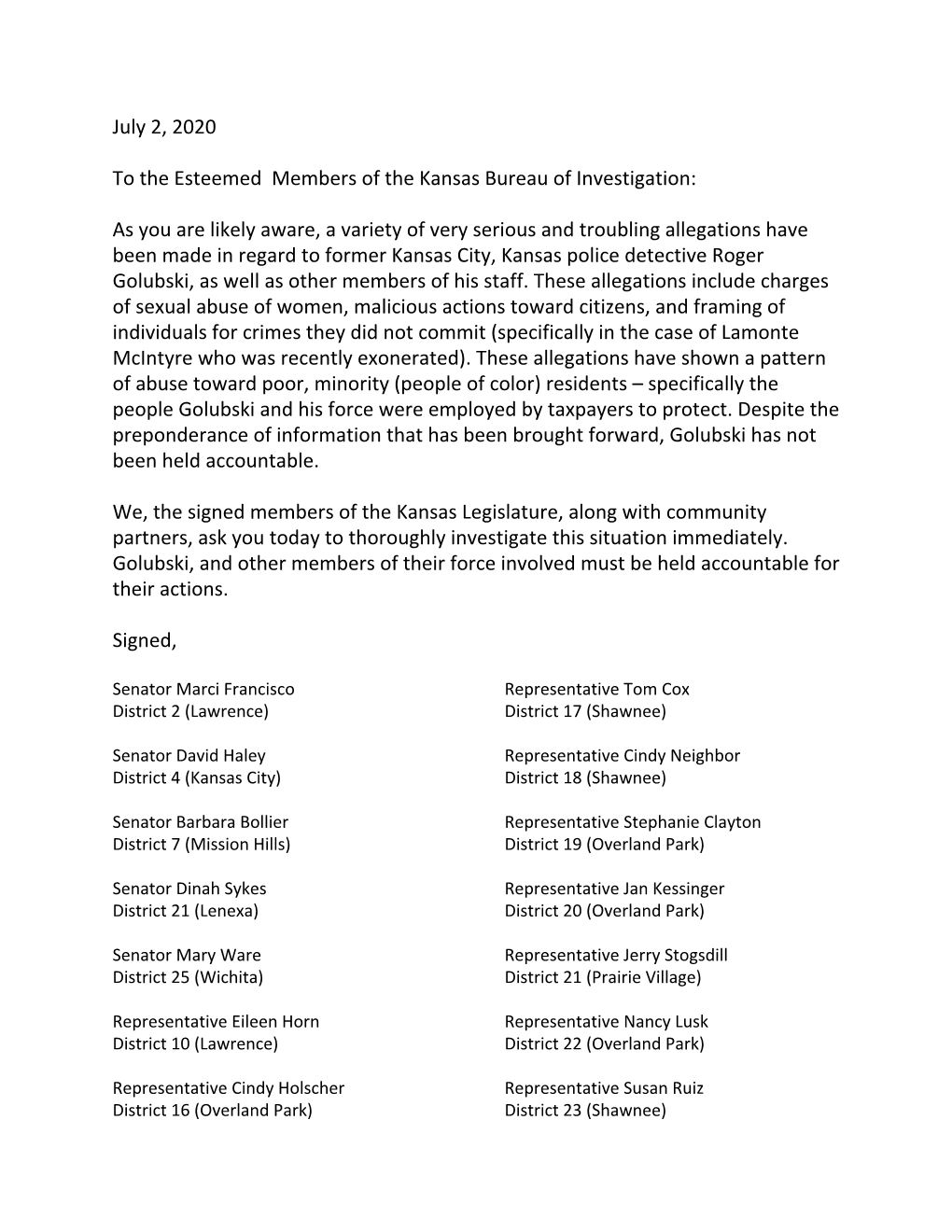 July 2, 2020 to the Esteemed Members of the Kansas Bureau of Investigation