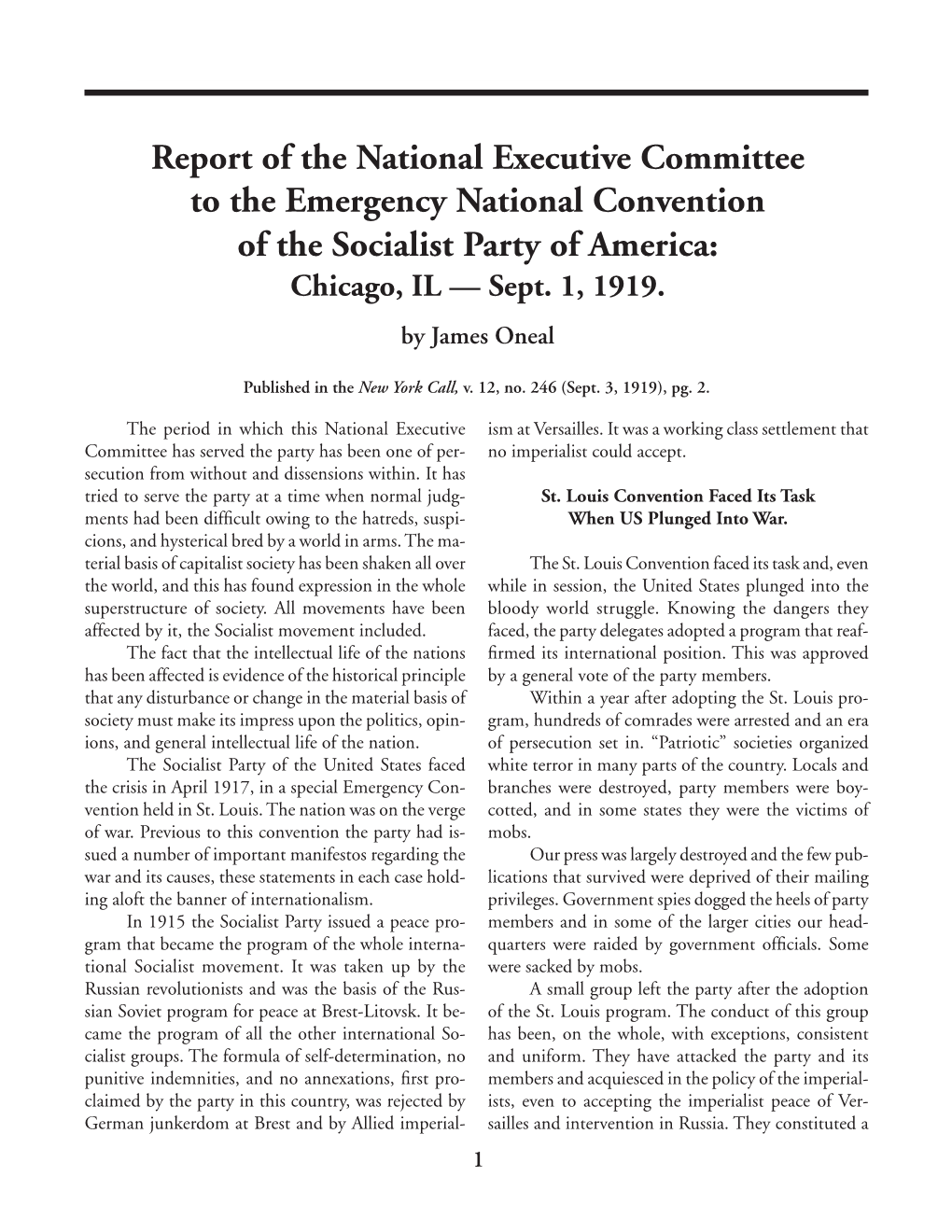 Report of the National Executive Committee to the Emergency National Convention of the Socialist Party of America: Chicago, IL — Sept