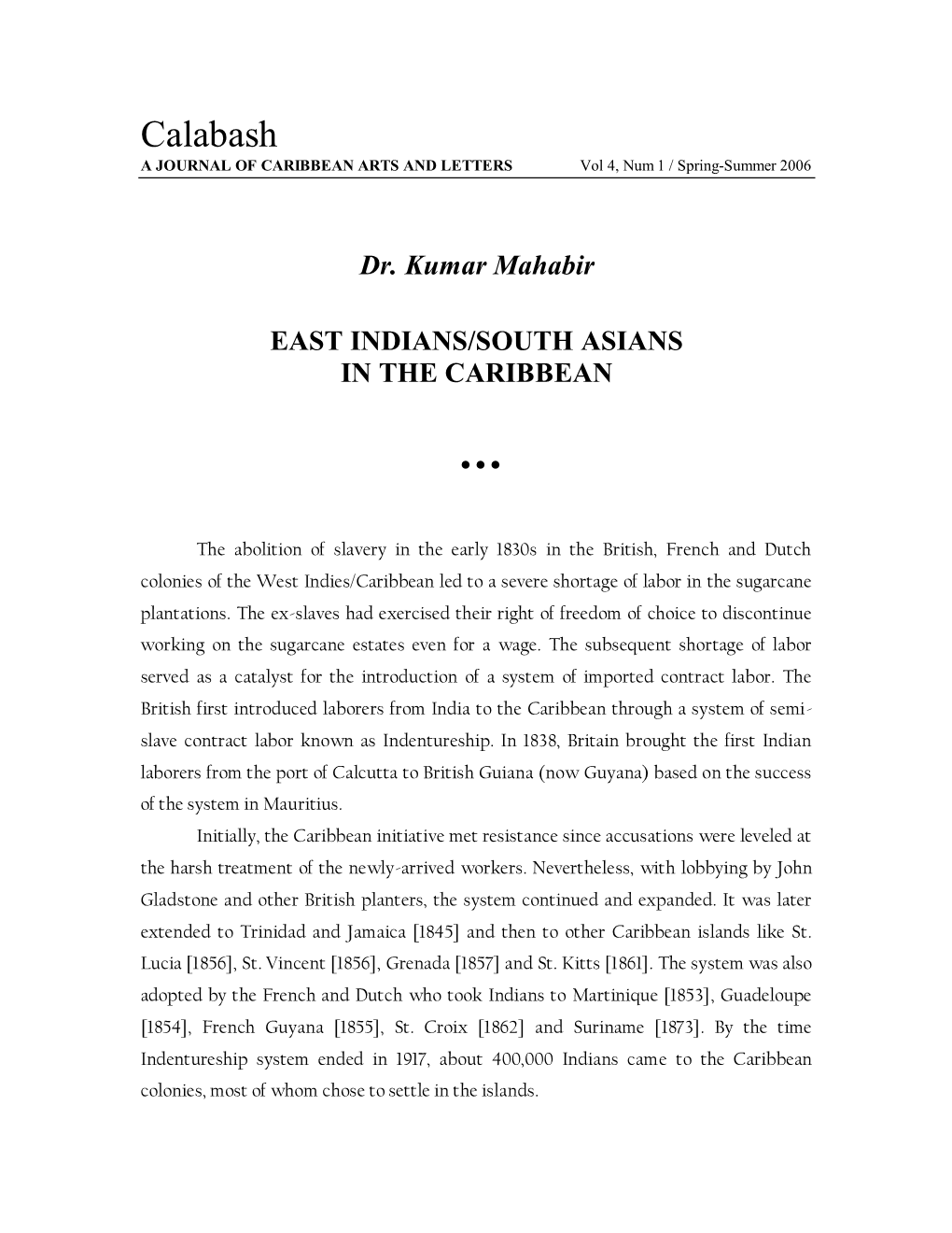 Calabash a JOURNAL of CARIBBEAN ARTS and LETTERS Vol 4, Num 1 / Spring-Summer 2006