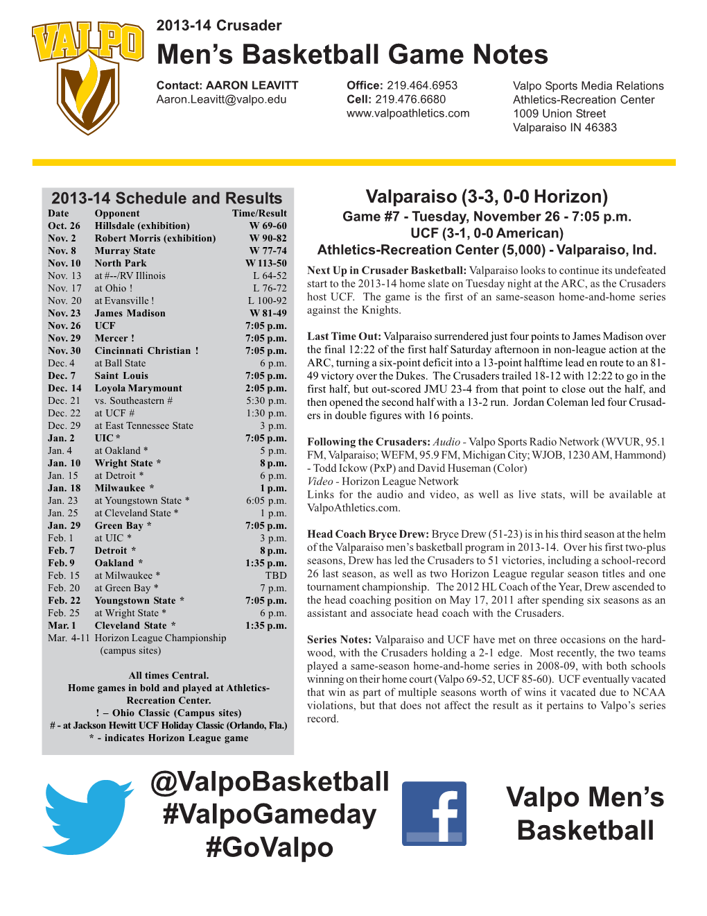 Men's Basketball Game Notes @Valpobasketball Valpo Men's