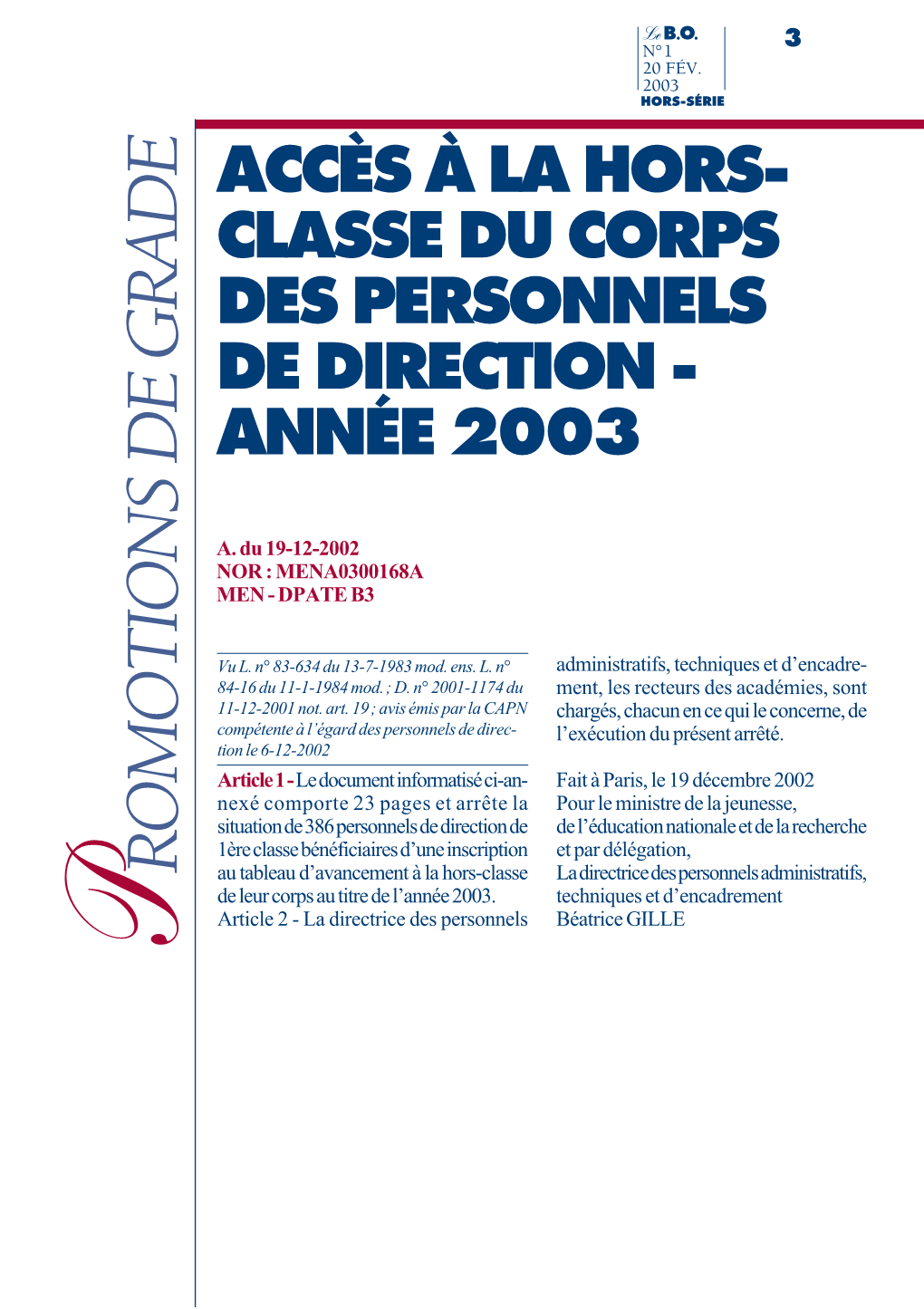 Accès À La Hors- Classe Du Corps Des Personnels De Direction - Année 2003