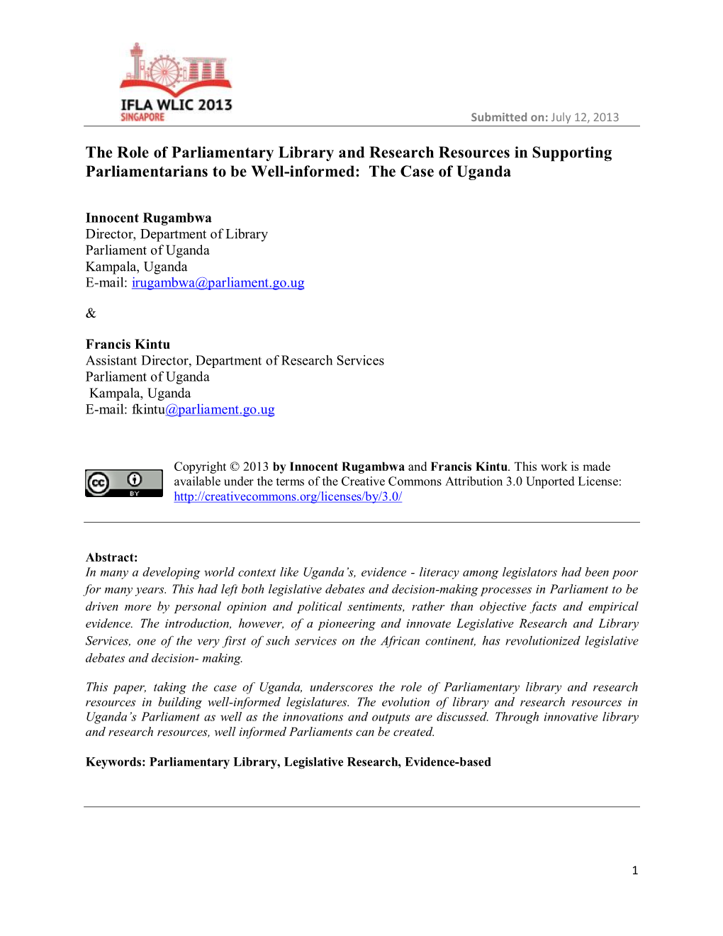 The Role of Parliamentary Library and Research Resources in Supporting Parliamentarians to Be Well-Informed: the Case of Uganda
