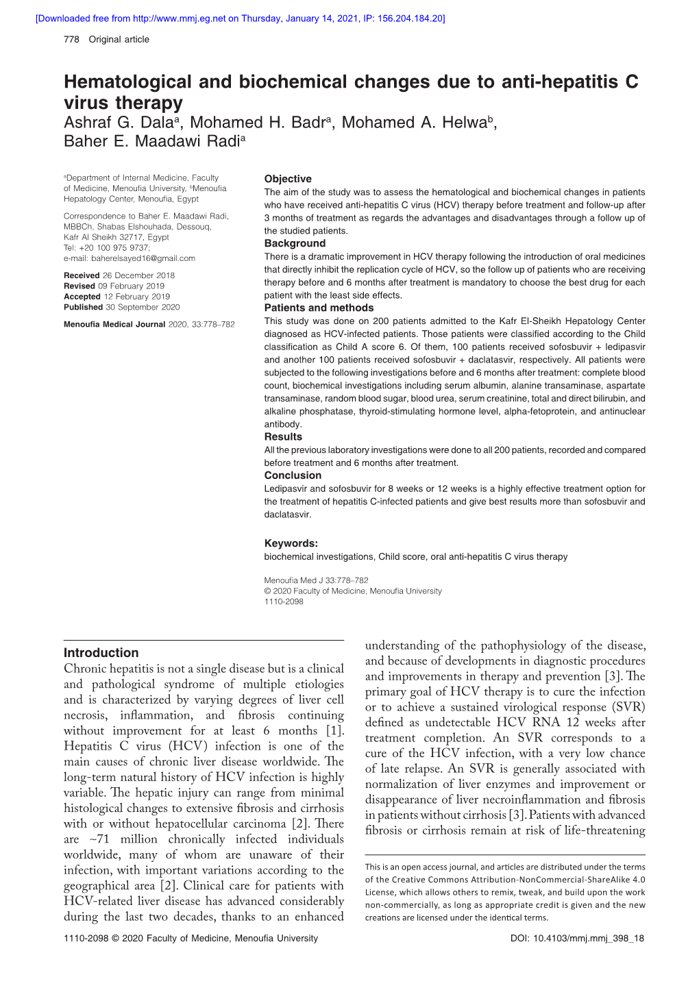 Hematological and Biochemical Changes Due to Anti-Hepatitis C