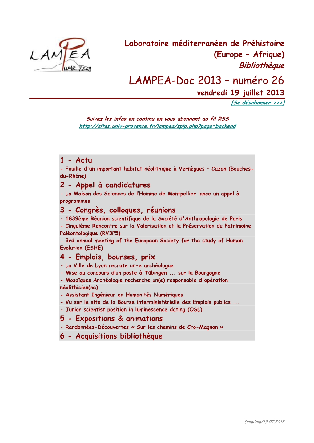 LAMPEA-Doc 2013 – Numéro 26 Vendredi 19 Juillet 2013 [Se Désabonner >>>]