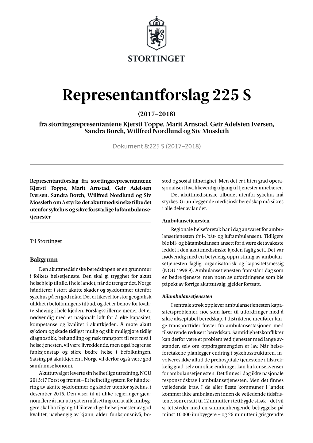 Representantforslag 225 S