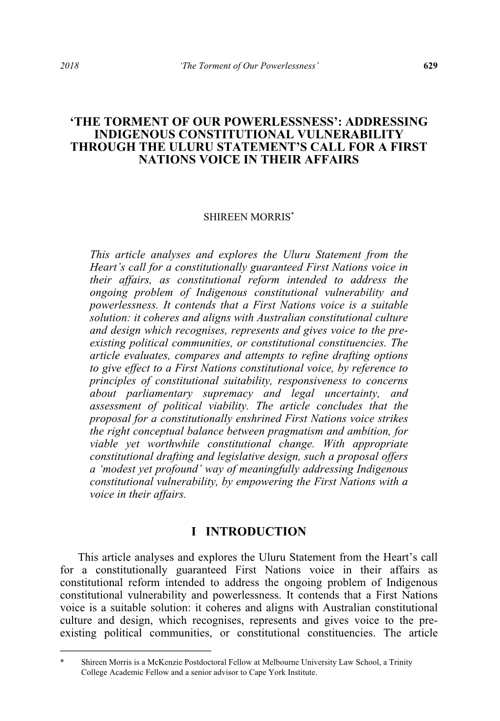 Addressing Indigenous Constitutional Vulnerability Through the Uluru Statement’S Call for a First Nations Voice in Their Affairs