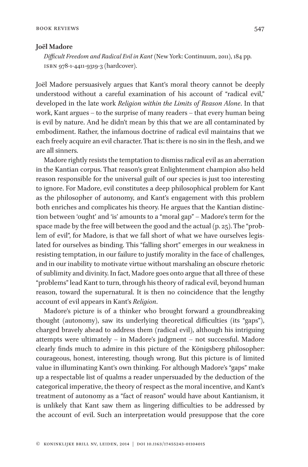 547 Joël Madore Joël Madore Persuasively Argues That Kant's