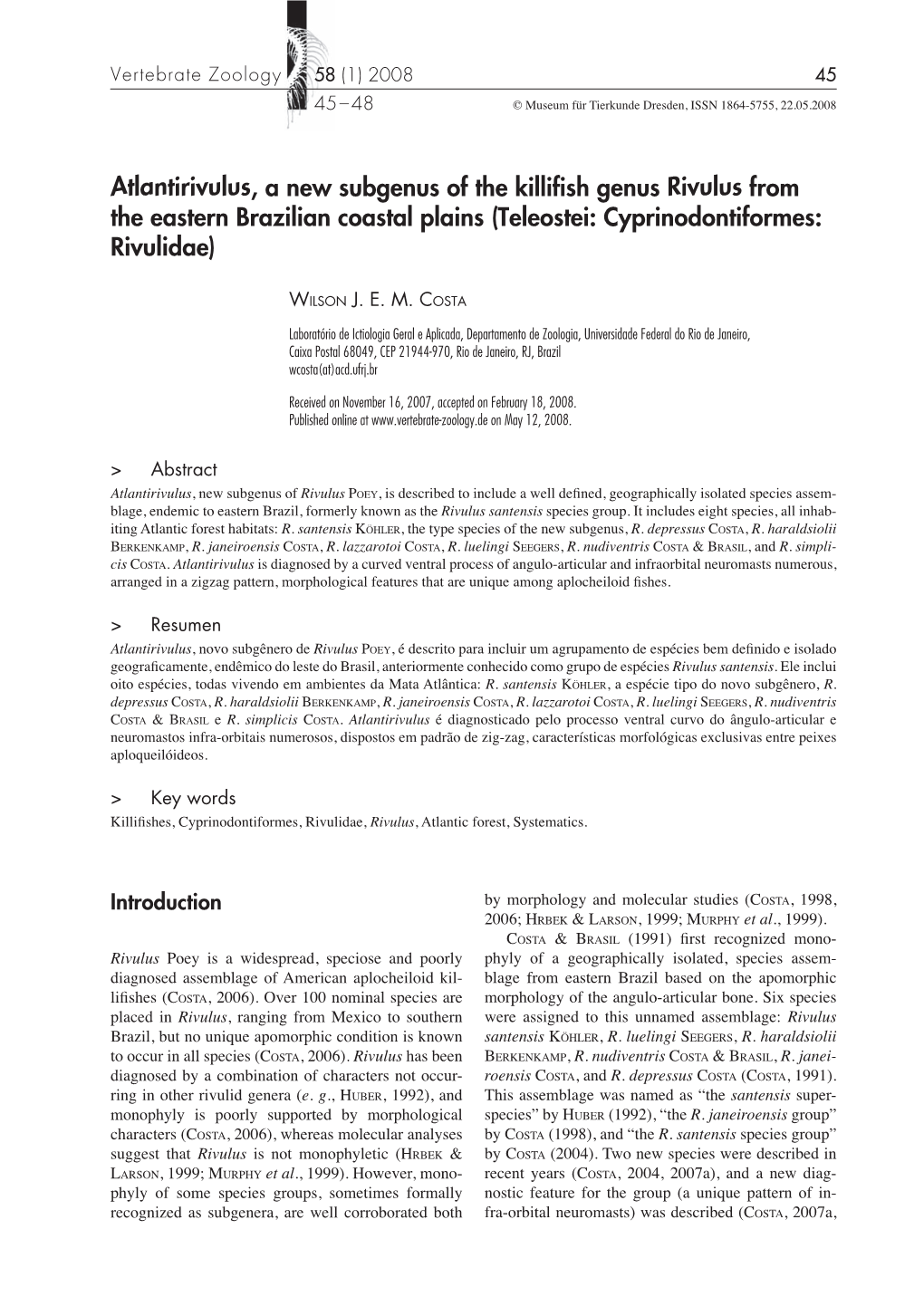 Atlantirivulus, a New Subgenus of the Killifish Genus Rivulus from The