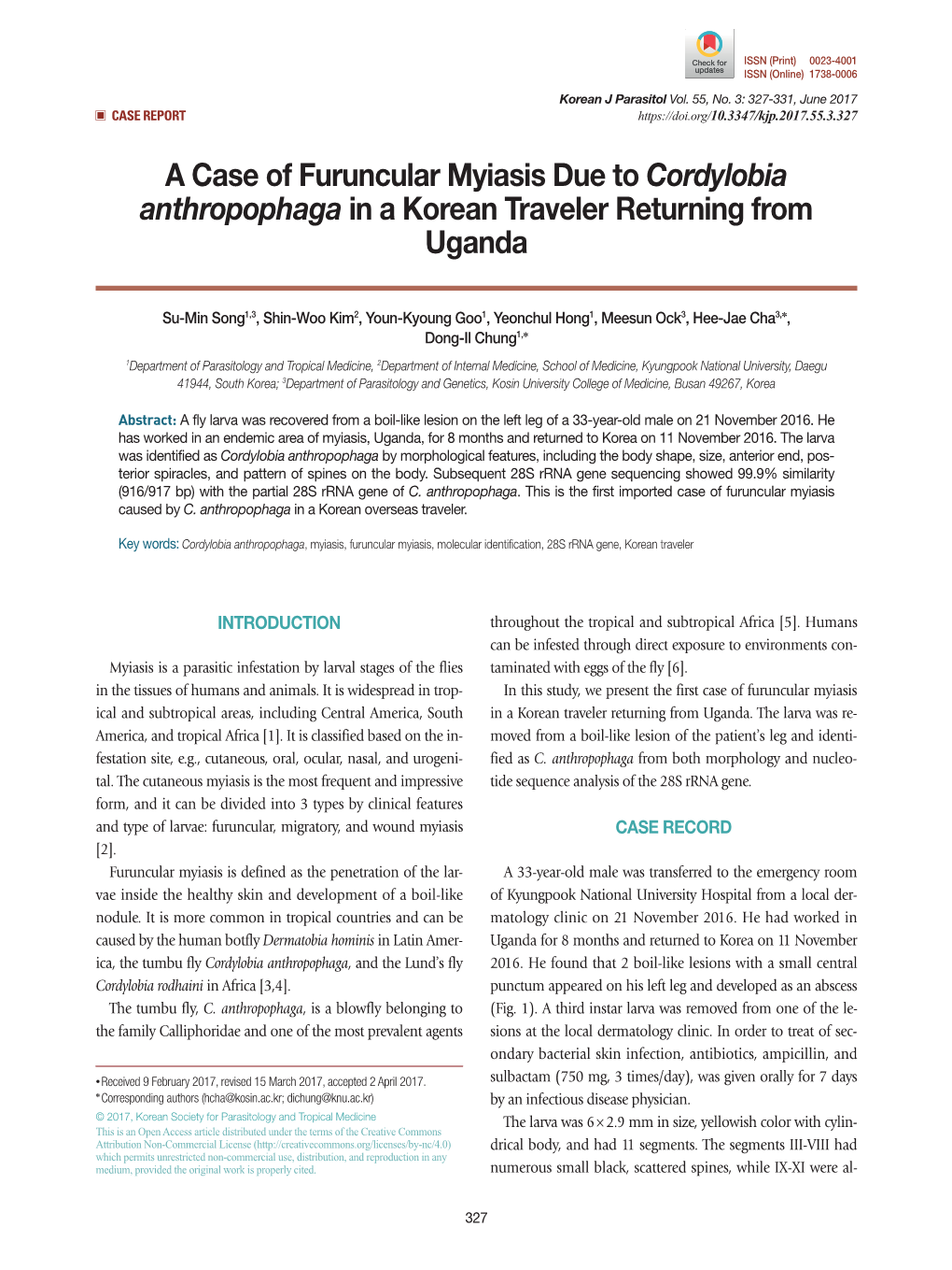 Cordylobia Anthropophaga in a Korean Traveler Returning from Uganda