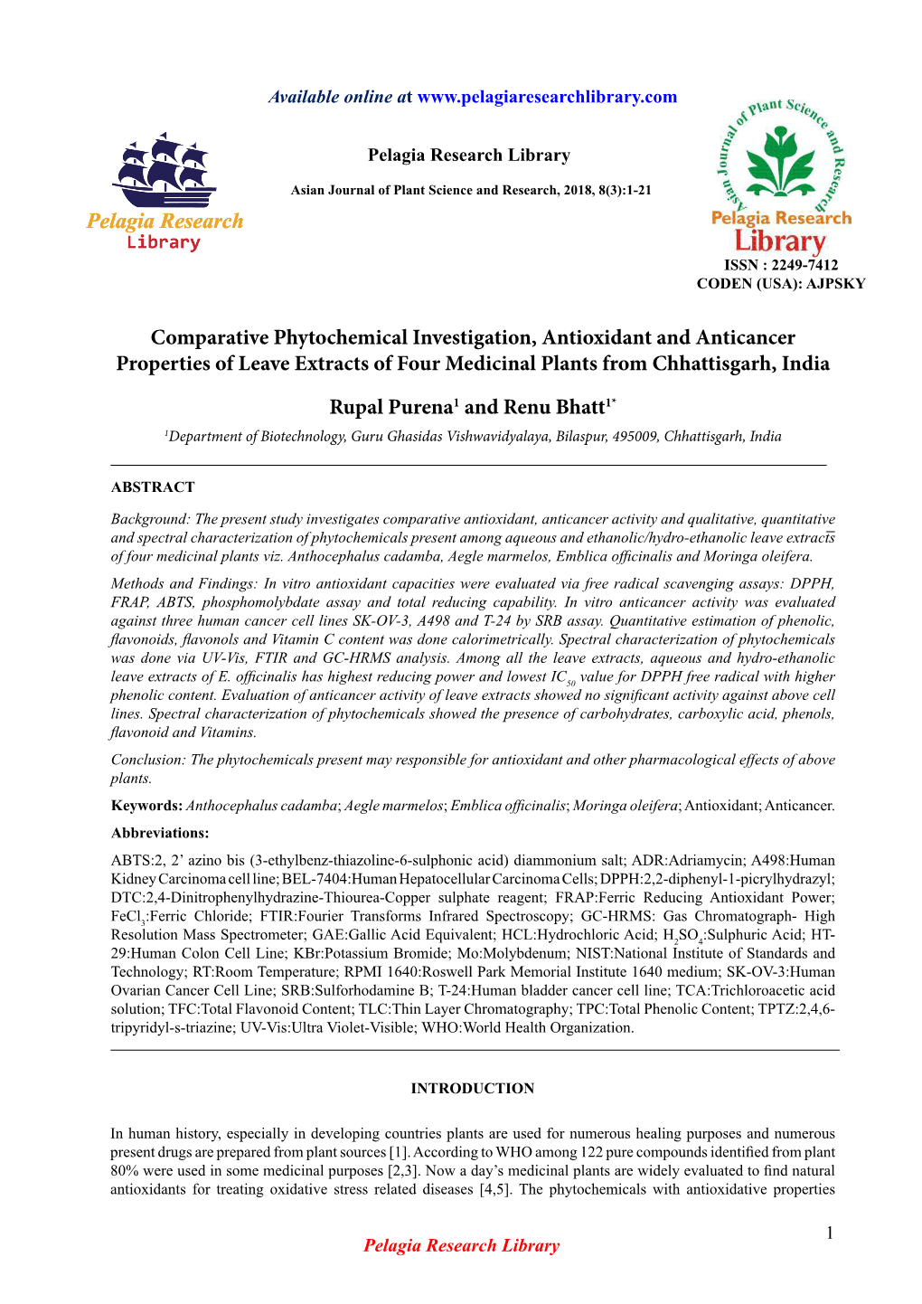 Comparative Phytochemical Investigation, Antioxidant and Anticancer Properties of Leave Extracts of Four Medicinal Plants from Chhattisgarh, India