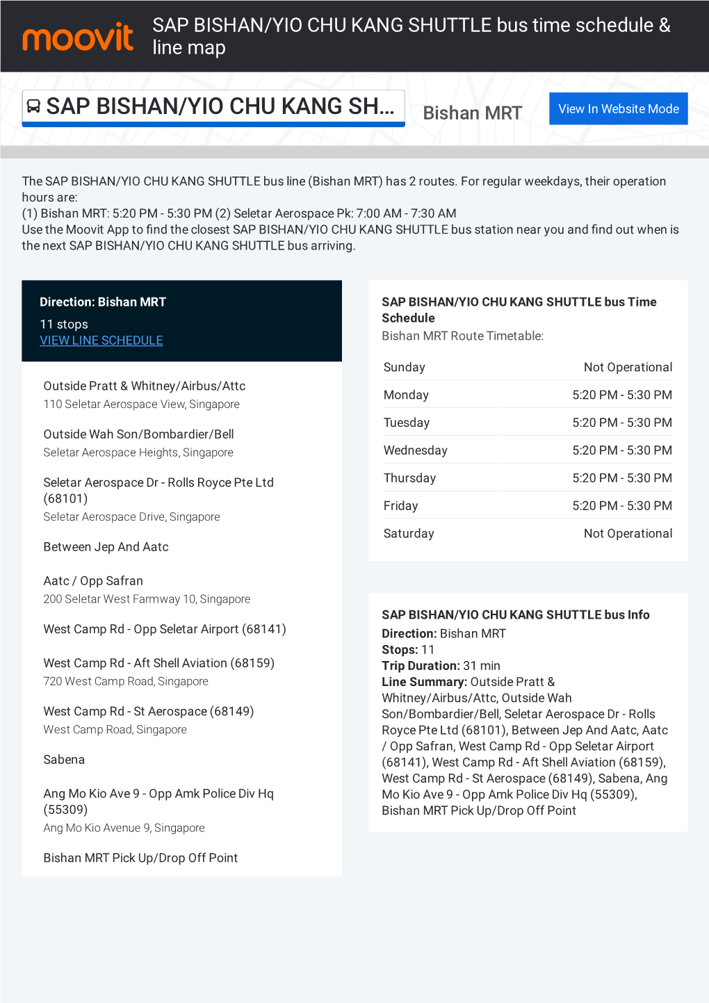 SAP BISHAN/YIO CHU KANG SHUTTLE Bus Time Schedule & Line