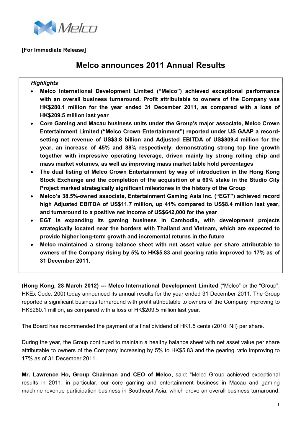 Melco Announces 2011 Annual Results