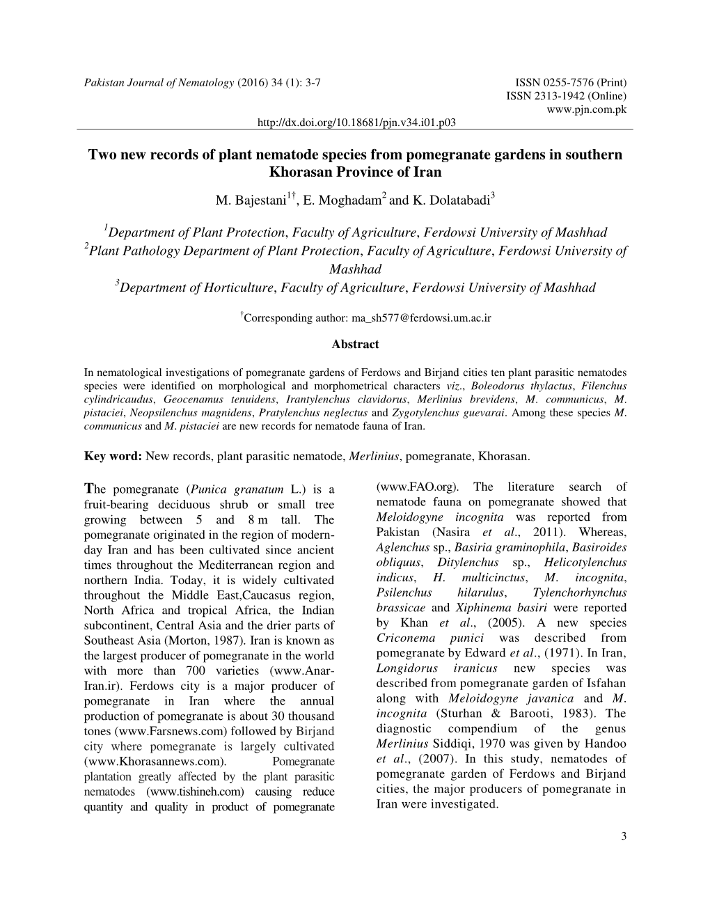 Two New Records of Plant Nematode Species from Pomegranate Gardens in Southern Khorasan Province of Iran