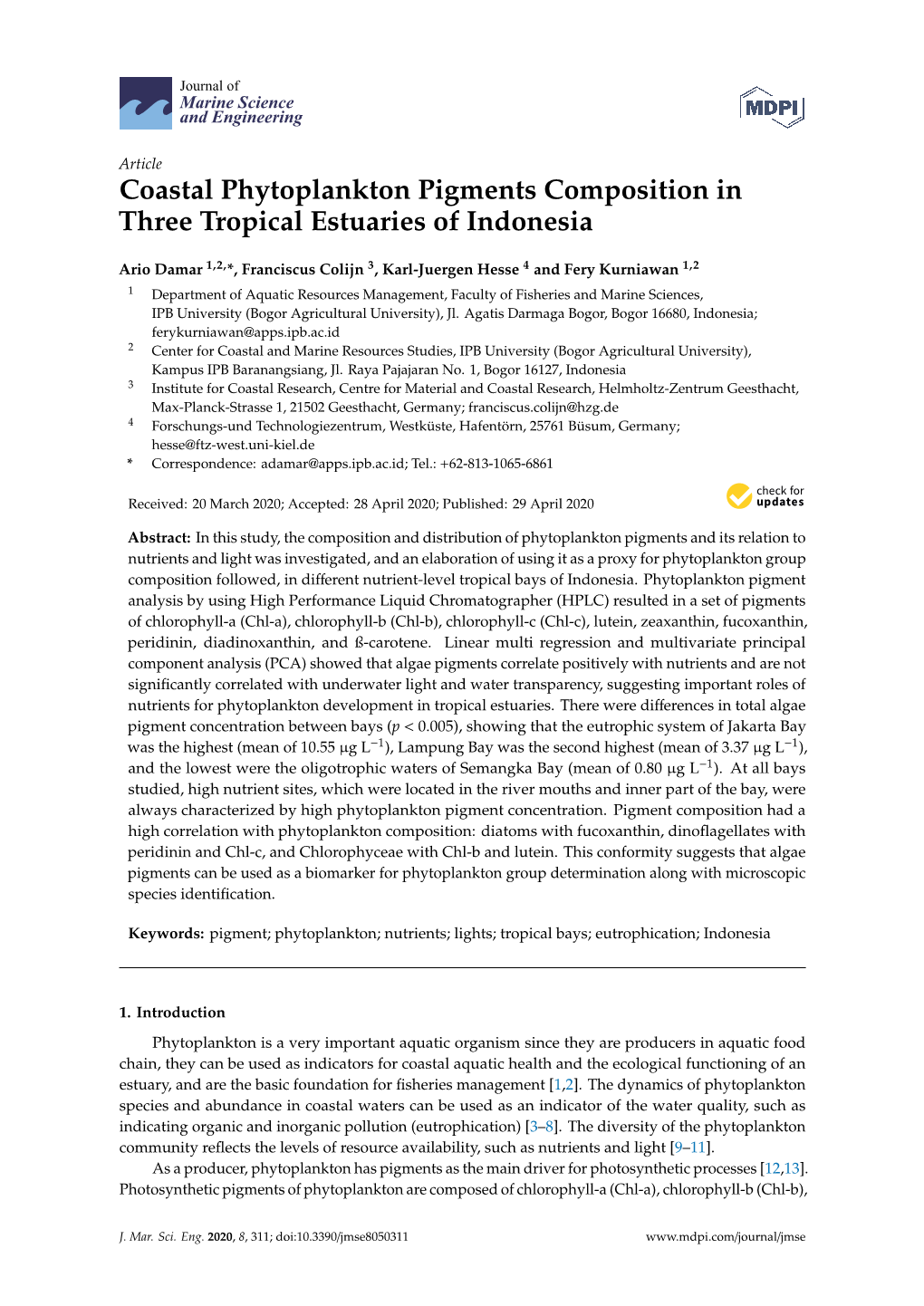 Coastal Phytoplankton Pigments Composition in Three Tropical Estuaries of Indonesia