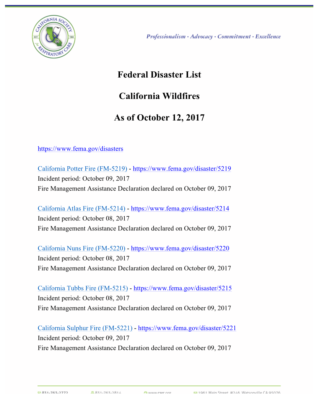 Federal Disaster List California Wildfires As of October 12, 2017