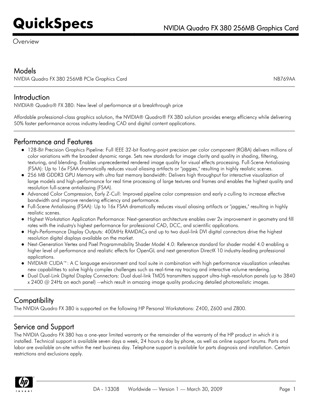 NVIDIA Quadro FX 380 256MB Graphics Card Overview