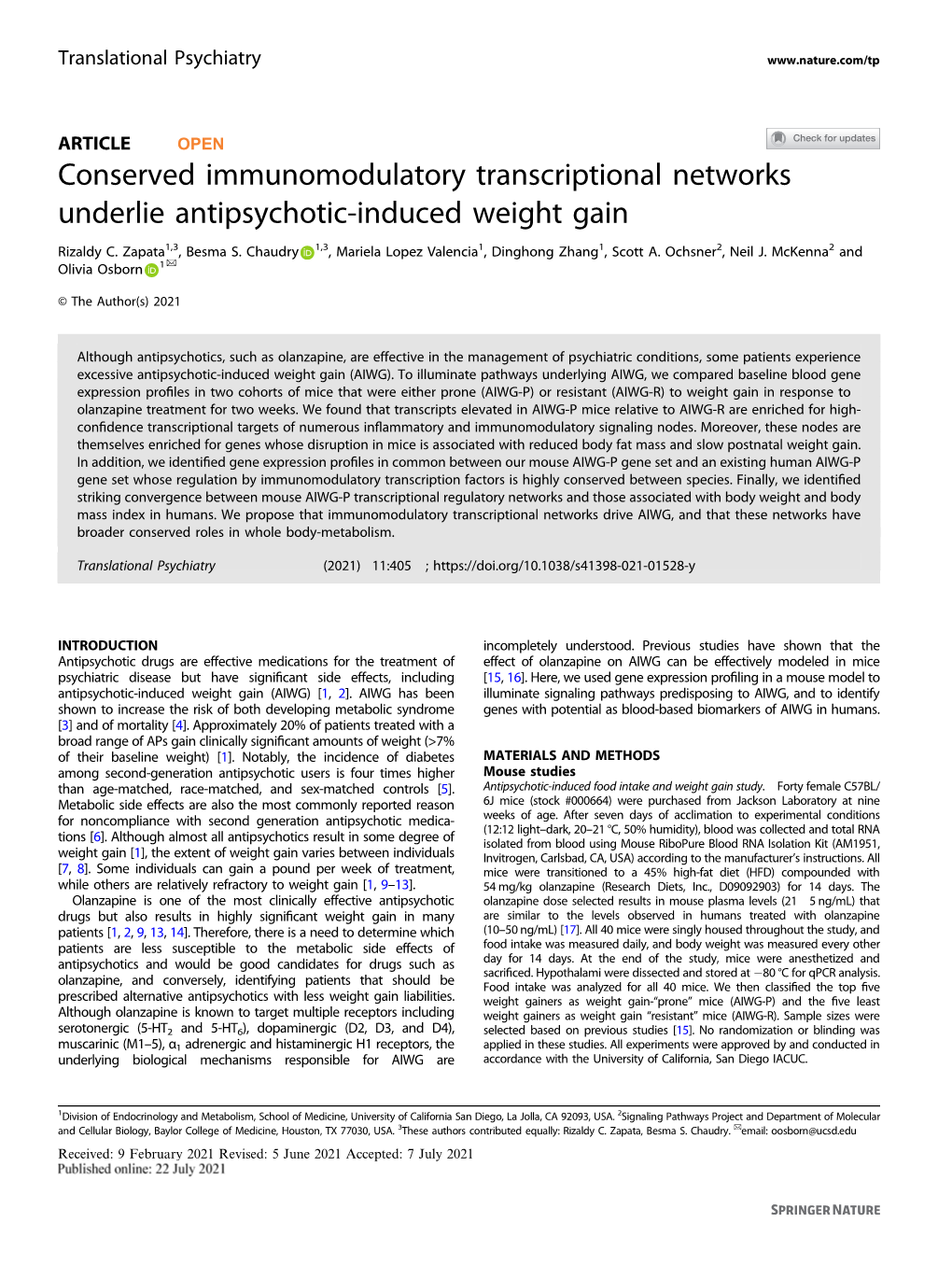 Conserved Immunomodulatory Transcriptional Networks Underlie Antipsychotic-Induced Weight Gain