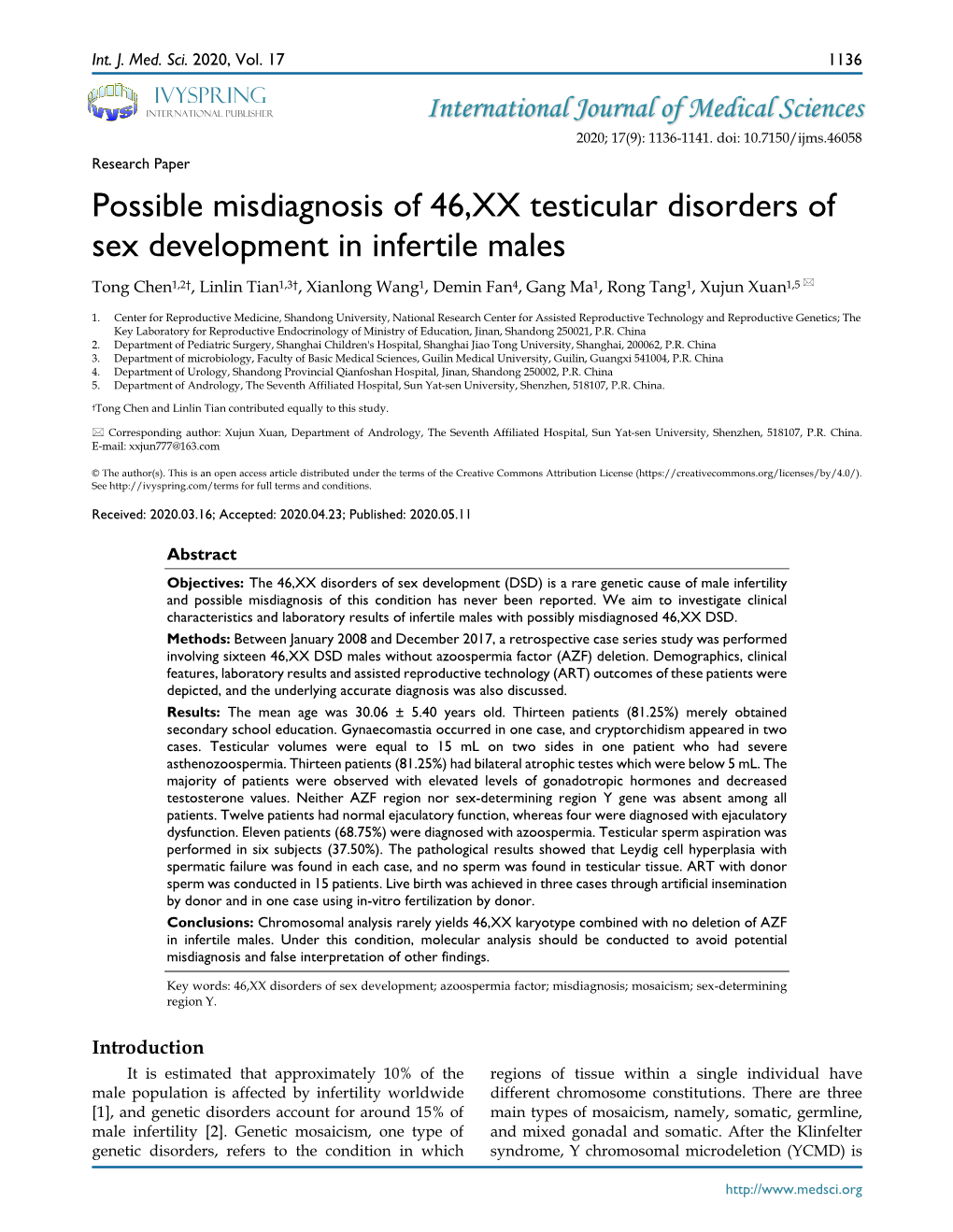 Possible Misdiagnosis of 46,XX Testicular Disorders of Sex