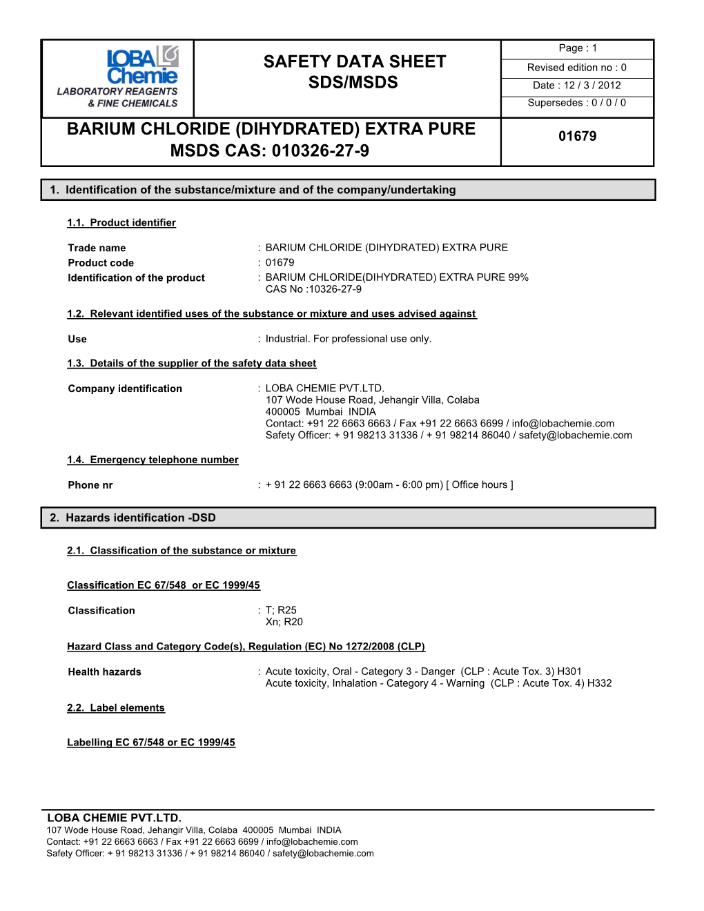 Safety Data Sheet Sds/Msds Barium Chloride