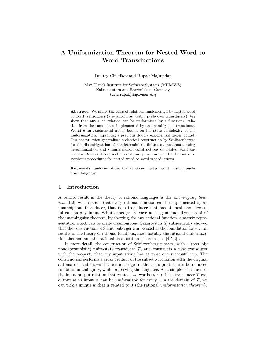 A Uniformization Theorem for Nested Word to Word Transductions