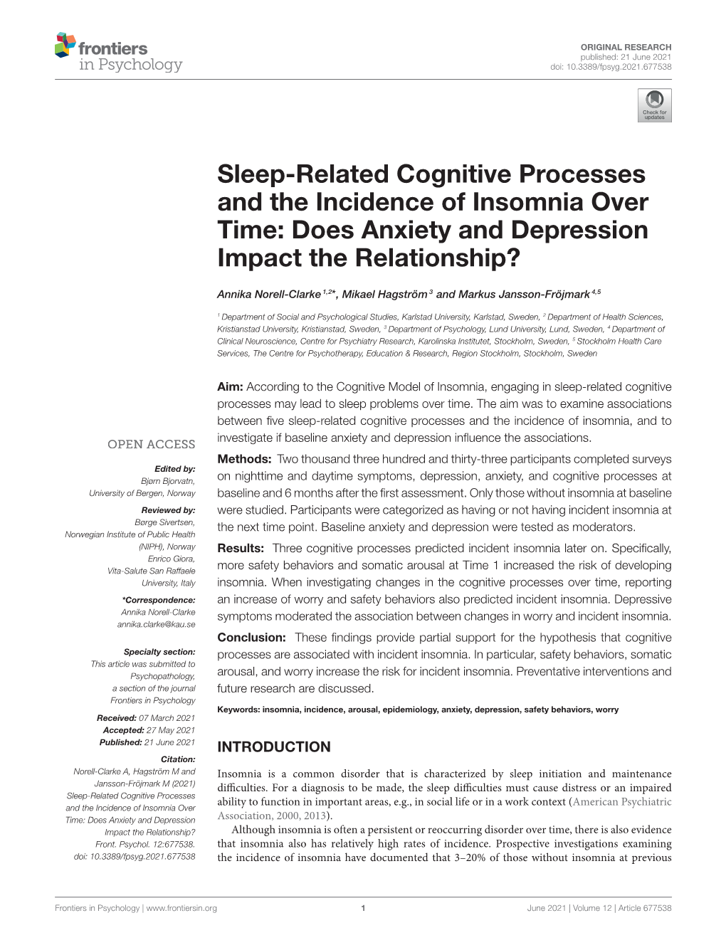 Sleep-Related Cognitive Processes and the Incidence of Insomnia Over Time: Does Anxiety and Depression Impact the Relationship?