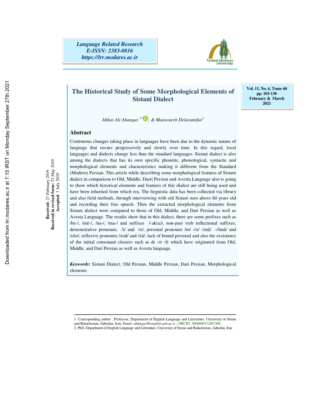 The Historical Study of Some Morphological Elements of Sistani