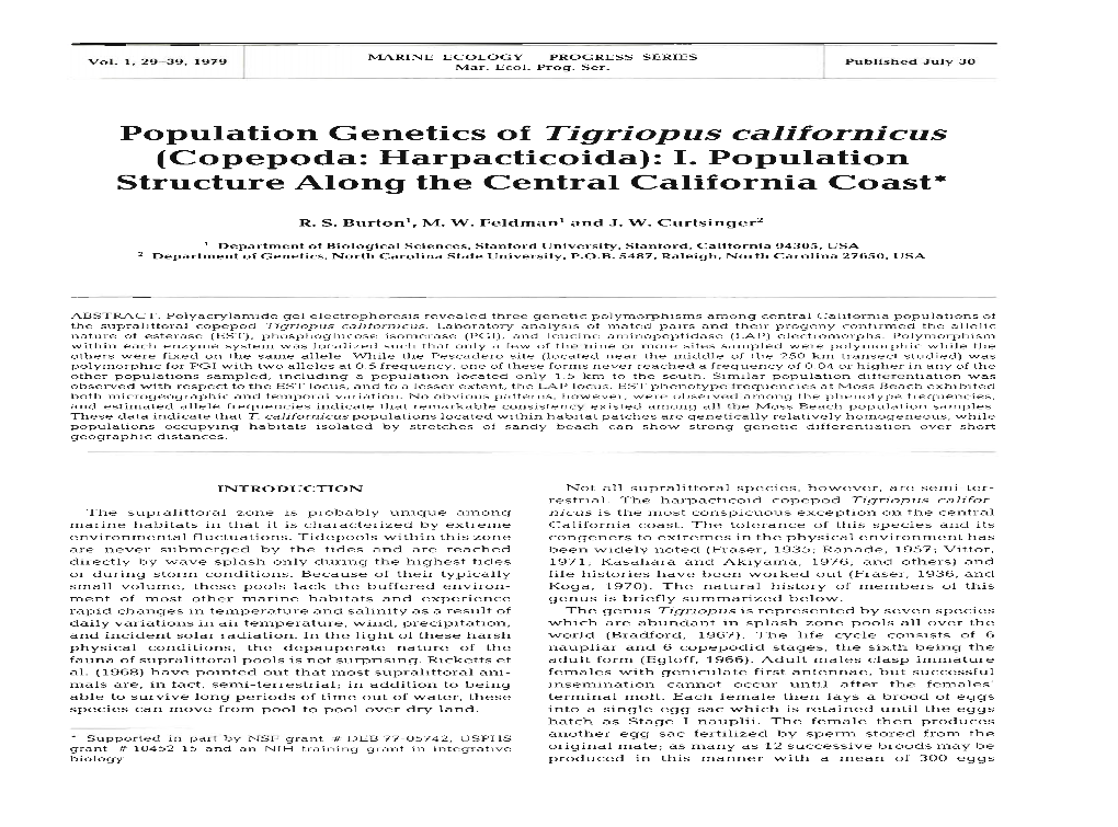 Population Genetics of Tigriopus Californicus (Copepoda: Harpacticoida): I.Population Structure Along the Central California Coast*