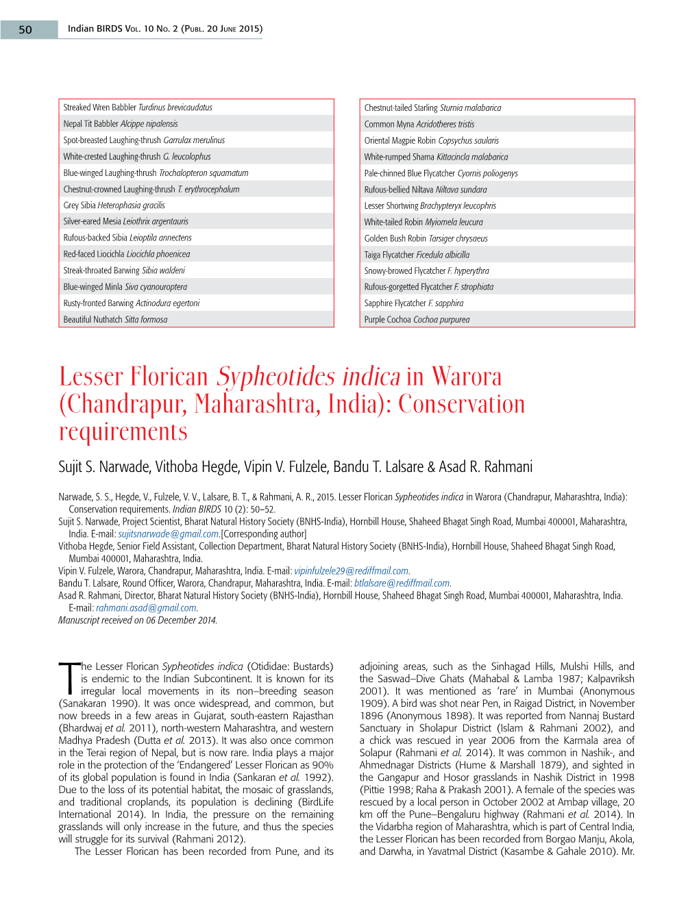 Lesser Florican Sypheotides Indica in Warora (Chandrapur, Maharashtra, India): Conservation Requirements Sujit S