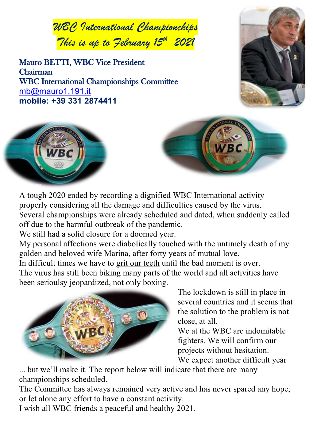 WBC International Championchips This Is up to February 15Th 2021