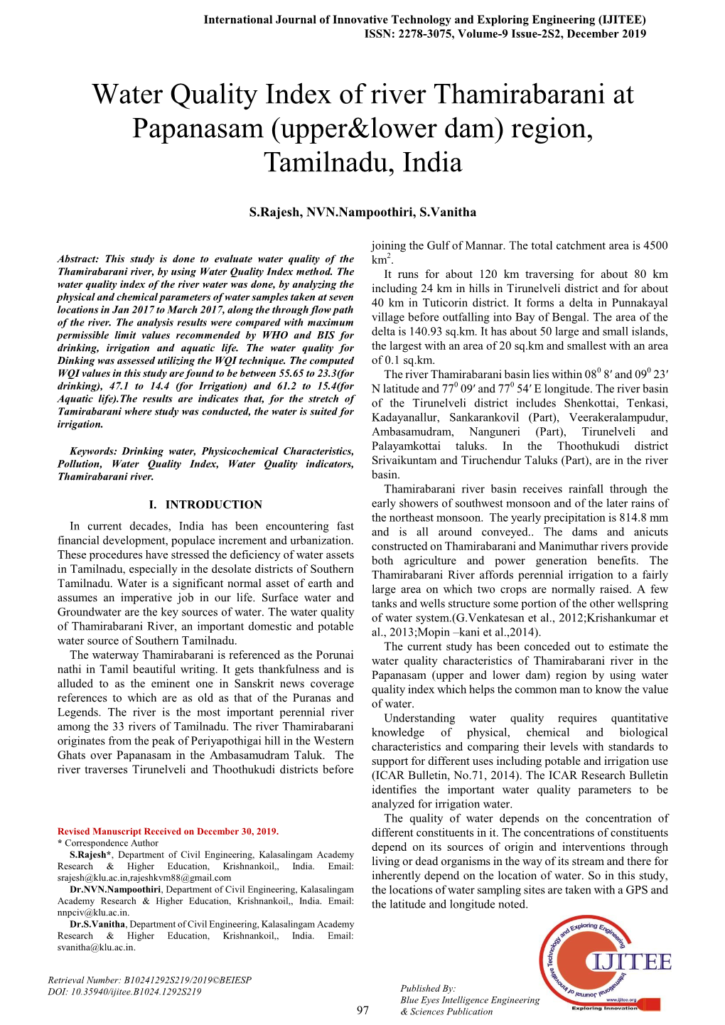 Water Quality Index of River Thamirabarani at Papanasam (Upper&Lower Dam) Region, Tamilnadu, India