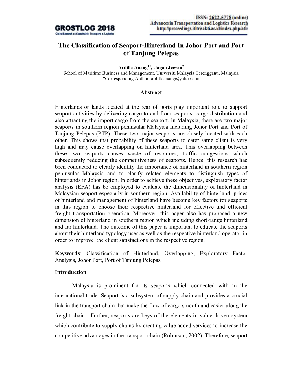 The Classification of Seaport-Hinterland in Johor Port and Port of Tanjung Pelepas