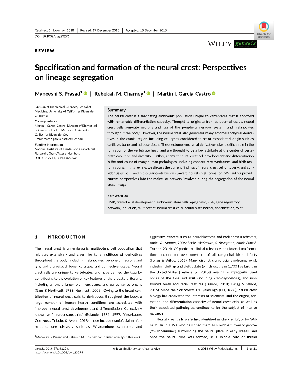 Specification and Formation of the Neural Crest: Perspectives on Lineage Segregation