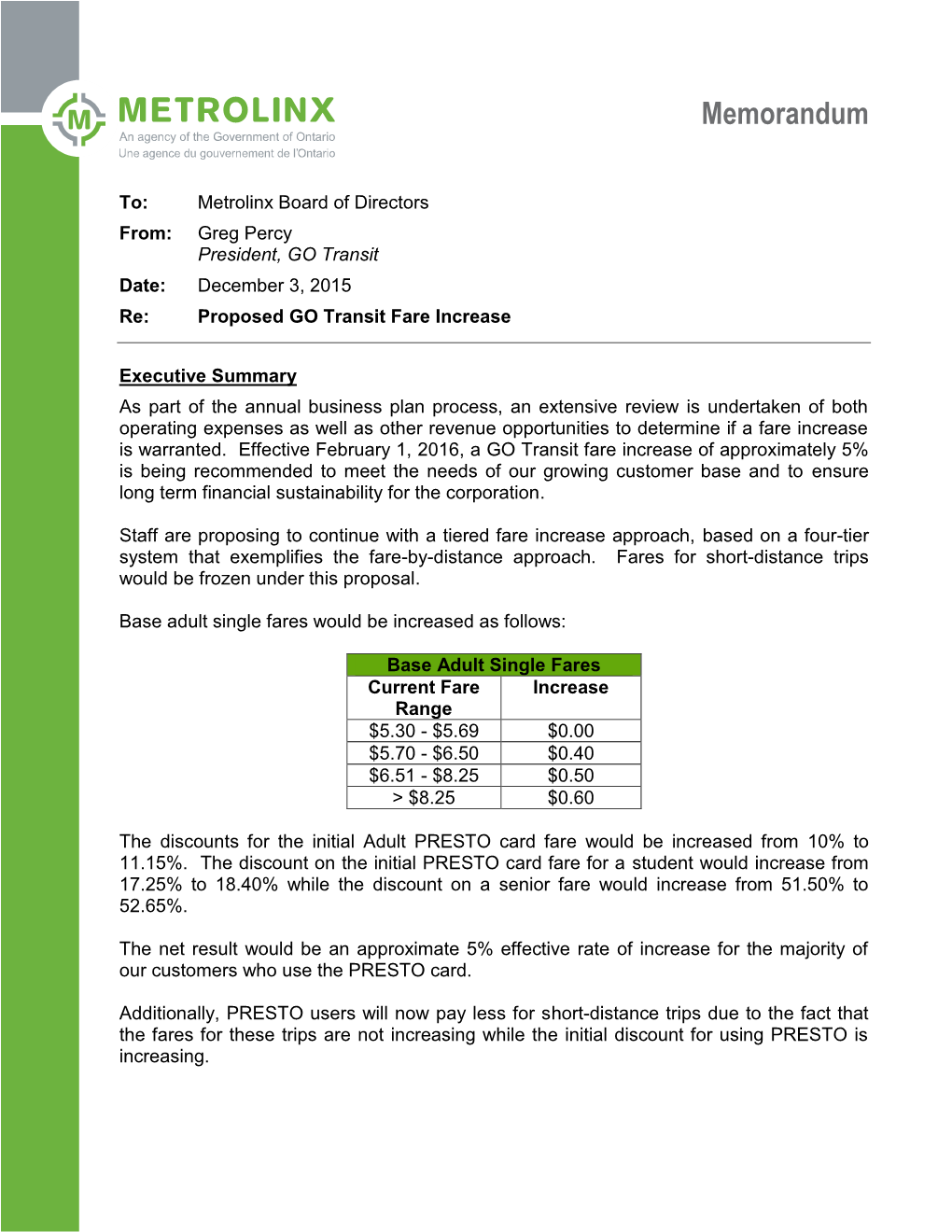 GO Transit Fare Increase