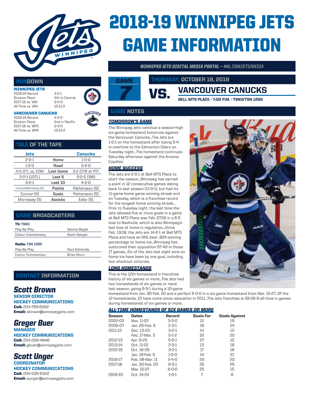 2018-19 Winnipeg Jets Game Information