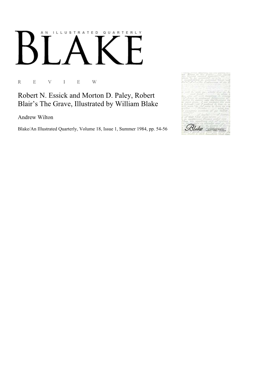 Robert N. Essick and Morton D. Paley, Robert Blair's the Grave