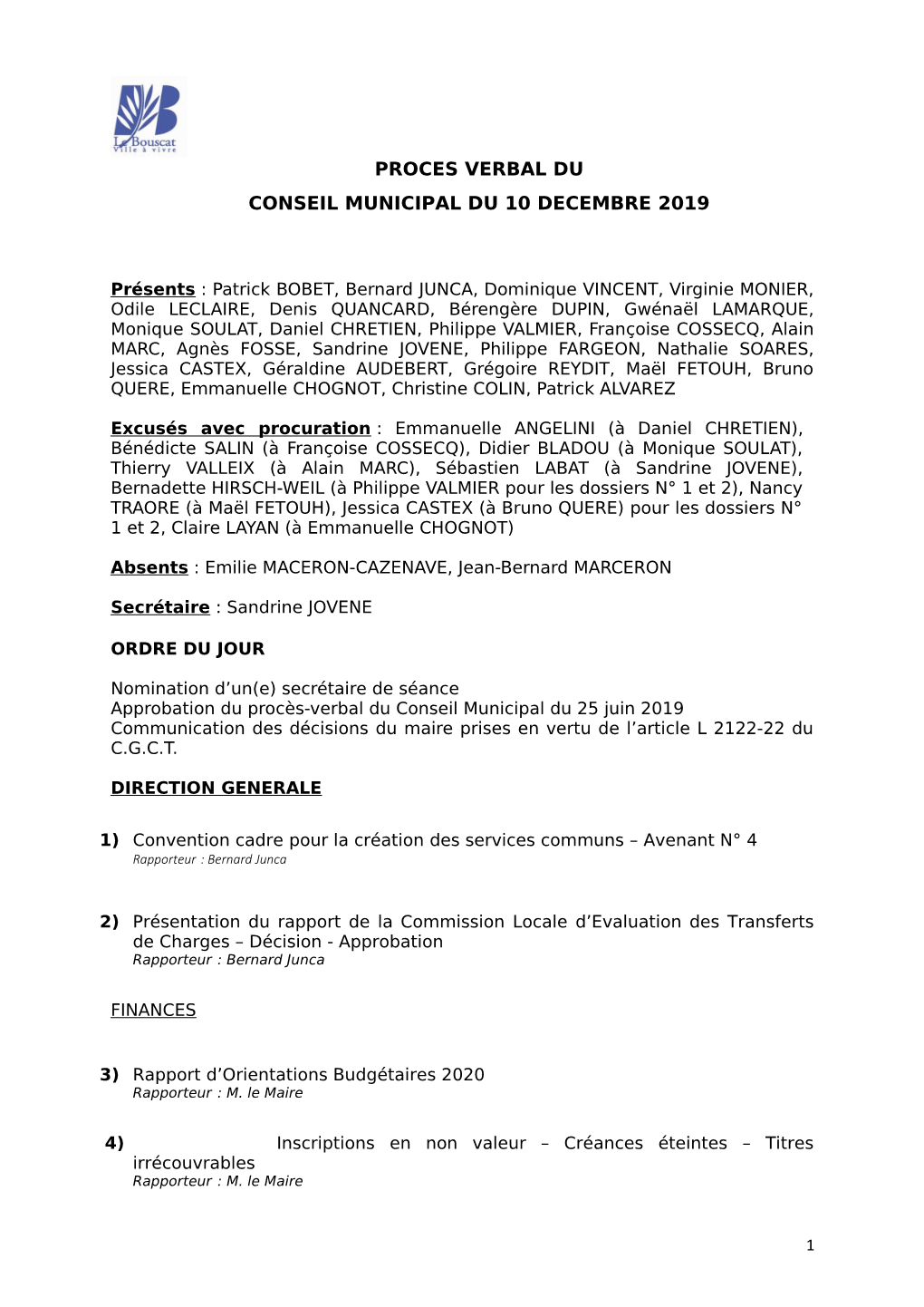 Proces Verbal Du Conseil Municipal Du 10 Decembre 2019