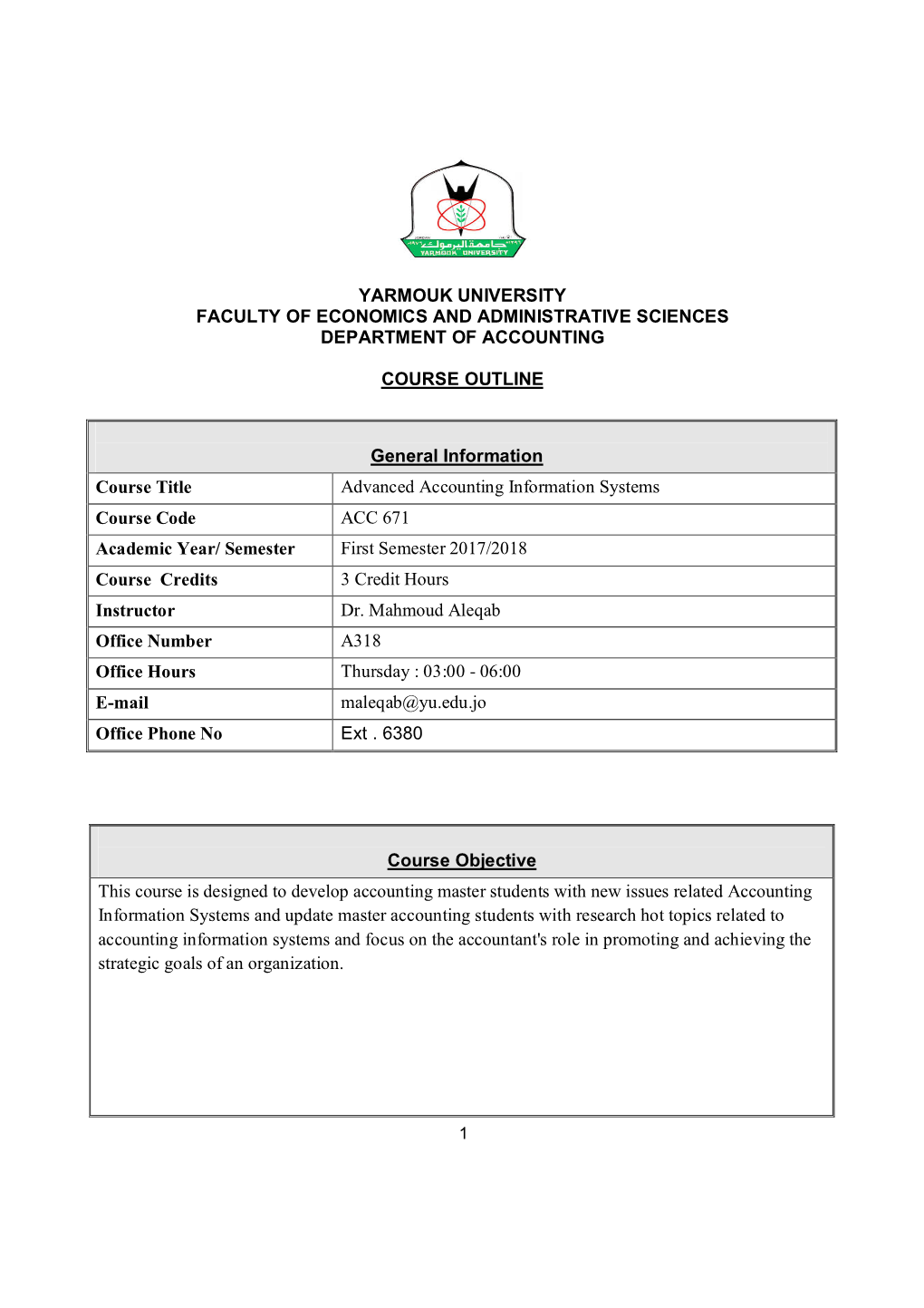 Yarmouk University Faculty of Economics and Administrative Sciences Department of Accounting