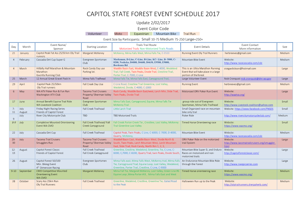 Capitol State Forest Event Schedule 2017