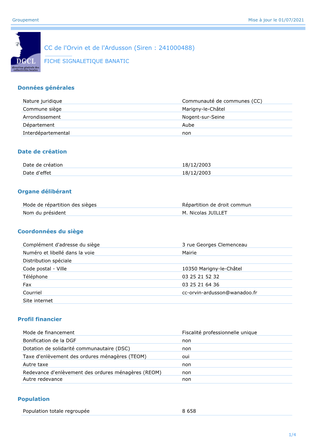 CC De L'orvin Et De L'ardusson (Siren : 241000488)