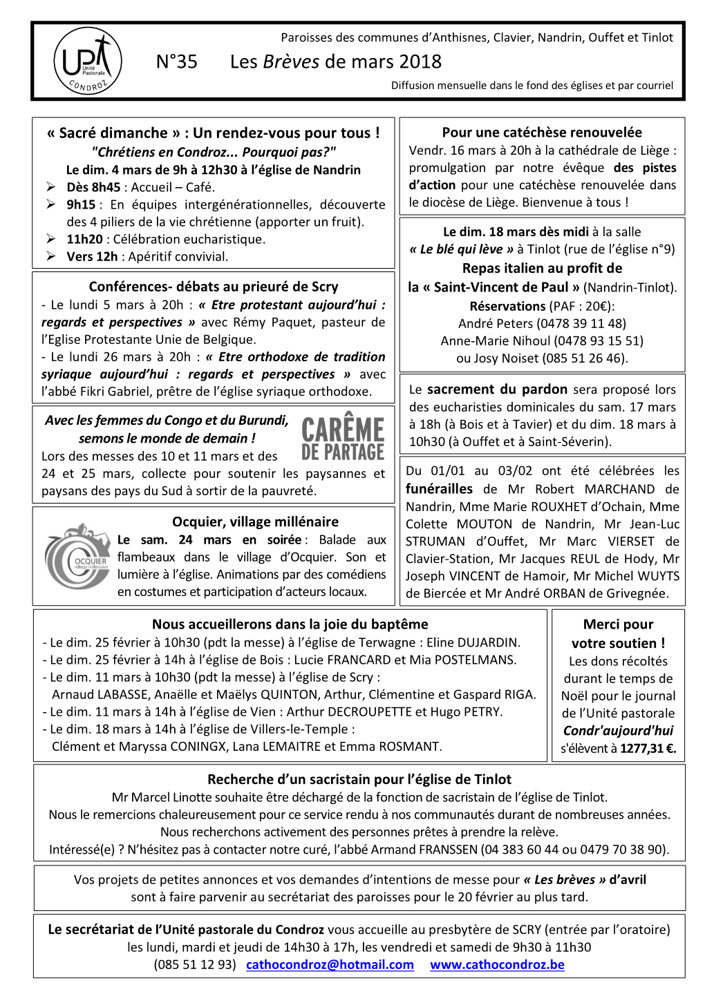 N°35 Les Brèves De Mars 2018 Diffusion Mensuelle Dans Le Fond Des Églises Et Par Courriel